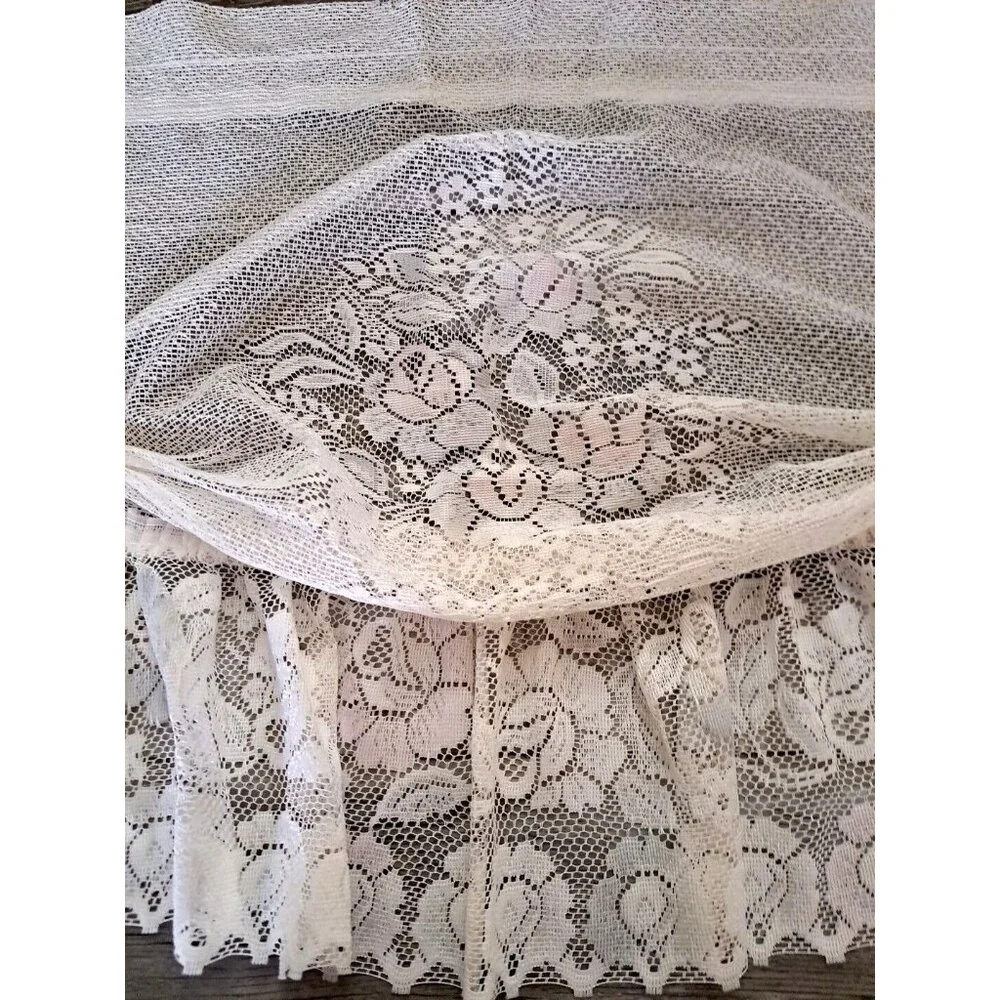 Vintage Lace Window Valance White Pink Blue Roses Gathered Ruffled Trim 58x20